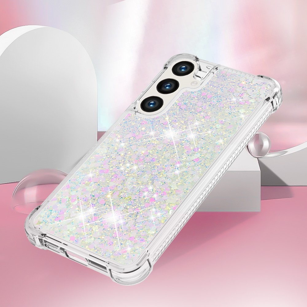 Glitter presýpací gélový obal na mobil Samsung Galaxy S24+ - ružovostrieborný/srdiečka