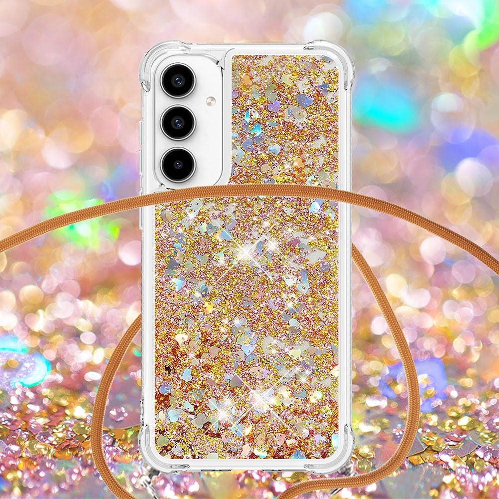 Glitters presýpacie gélový obal so šnúrkou na Samsung Galaxy A56 5G - zlatý/srdiečka