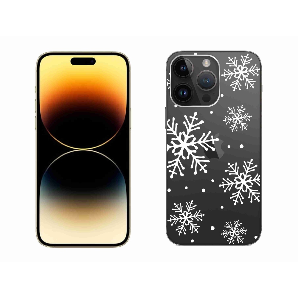 Gélový kryt mmCase na iPhone 14 Pro Max - biele vločky na priehľadnom pozadí