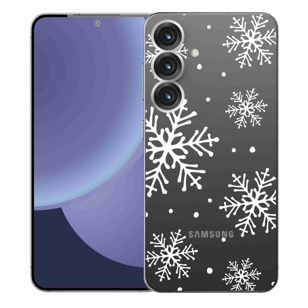 Gélový kryt mmCase na Samsung Galaxy S25+ - biele vločky na priehľadnom pozadí