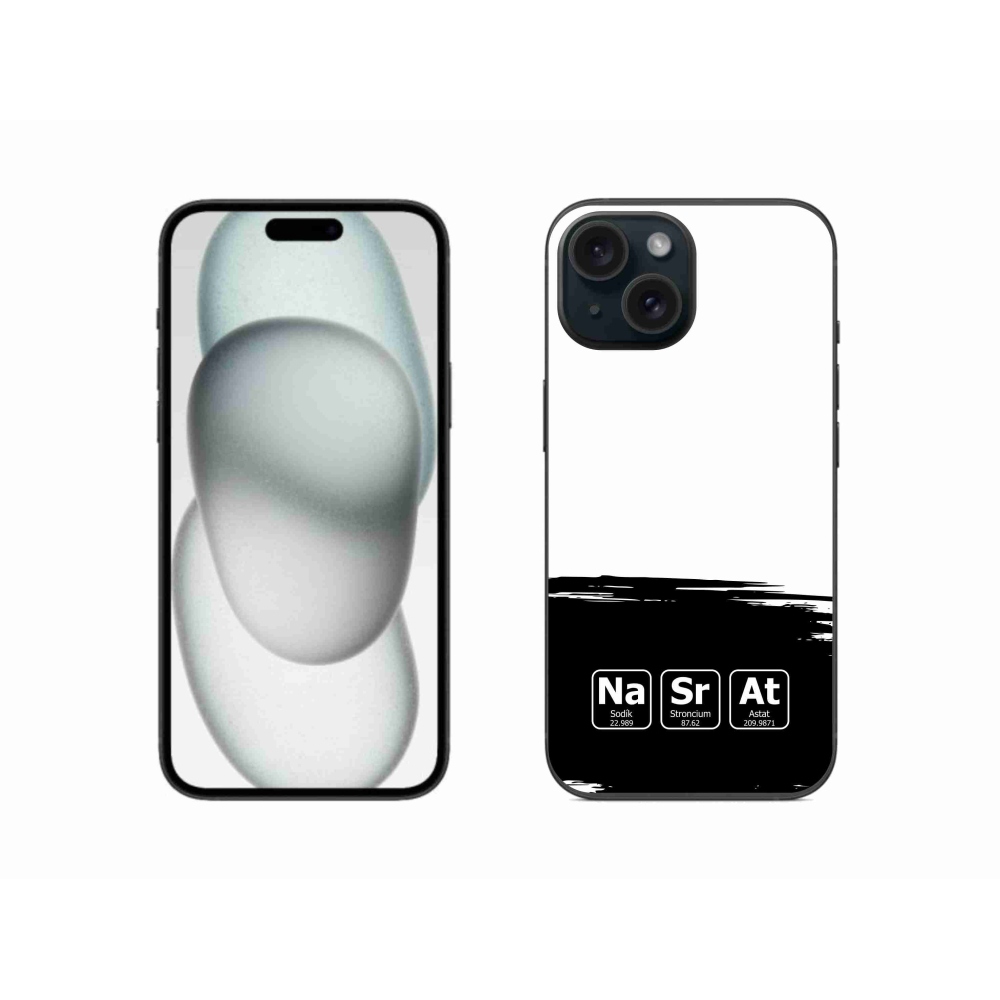 Gélový kryt mmCase na iPhone 15 - chemické prvky čiernobiele pozadie