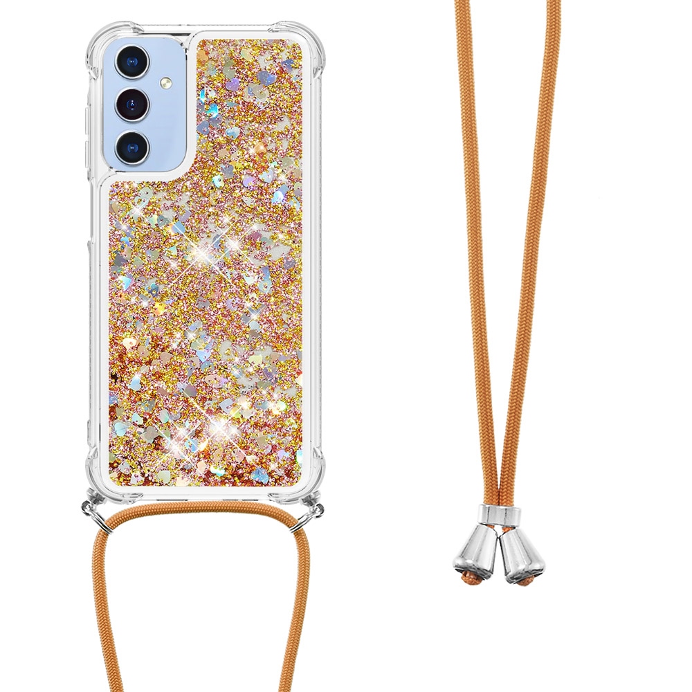 Glitters presýpací gélový obal so šnúrkou na Samsung Galaxy A17 5G - zlatý/srdiečka