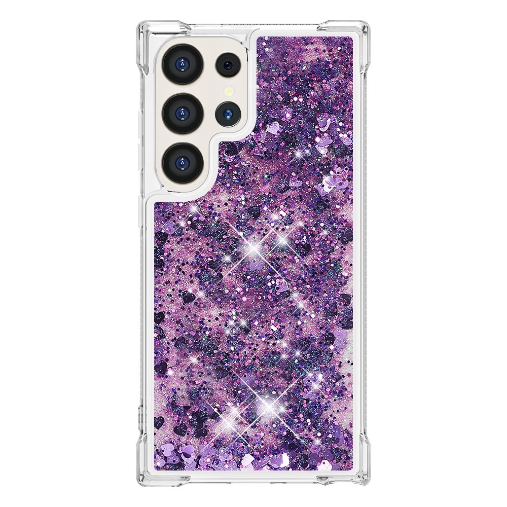 Glitter presýpacie gélový obal na Samsung Galaxy S24 Ultra - tmavofialový/srdiečka