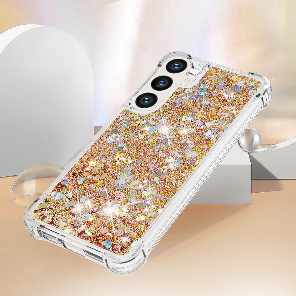 Glitter presýpací gélový obal na mobil Samsung Galaxy S24+ - zlatý/srdiečka