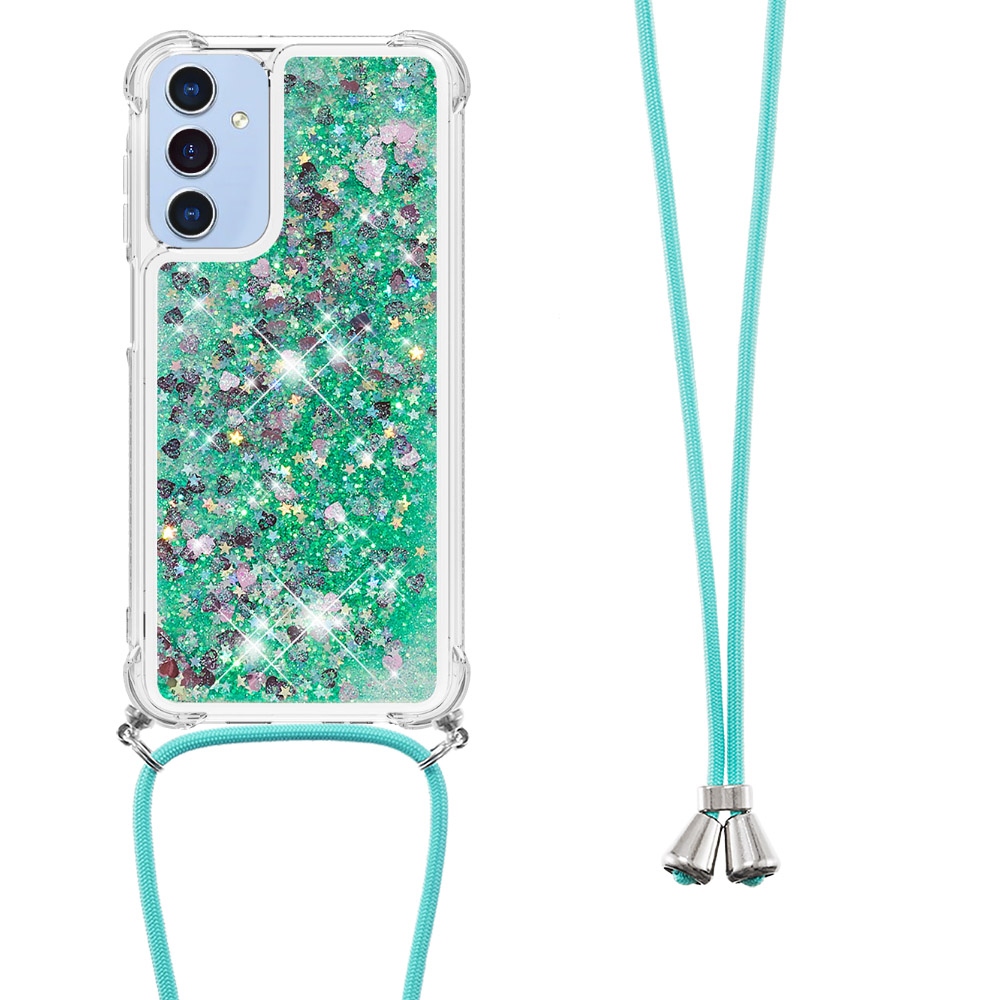 Glitters presýpacie gélový obal so šnúrkou na Samsung Galaxy A17 5G - zelený/srdiečka