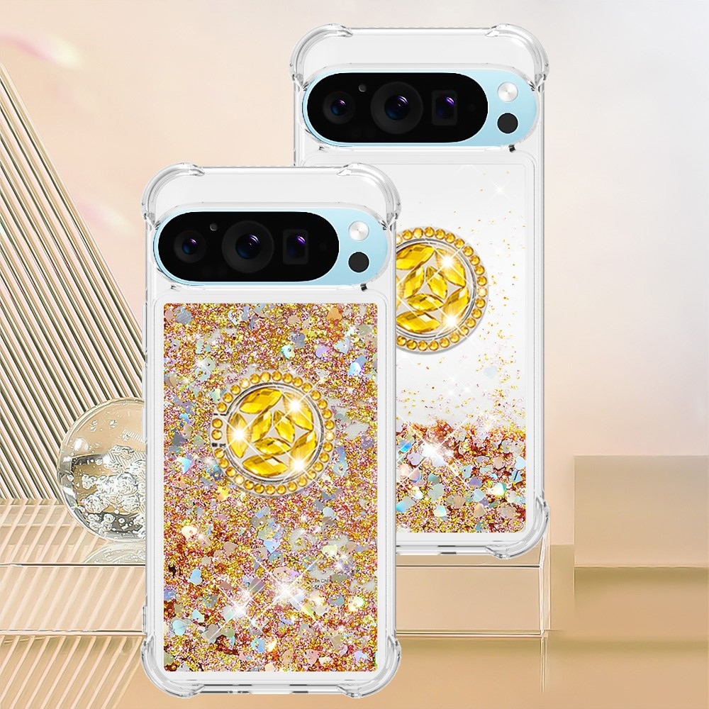 Glitt presýpací gélový obal s krúžkom na prst na Google Pixel 10 - zlatý/srdiečka