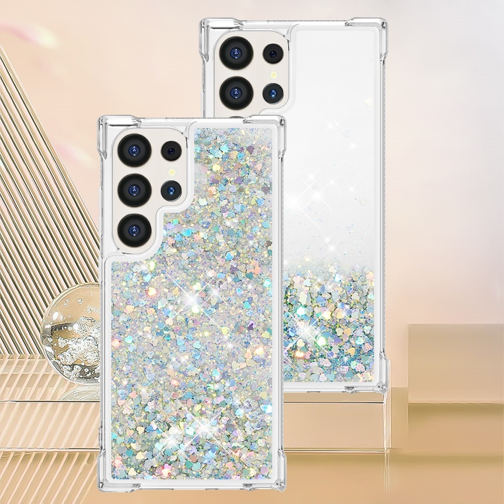 Glitter presýpacie gélový obal na Samsung Galaxy S24 Ultra - strieborný/srdiečka