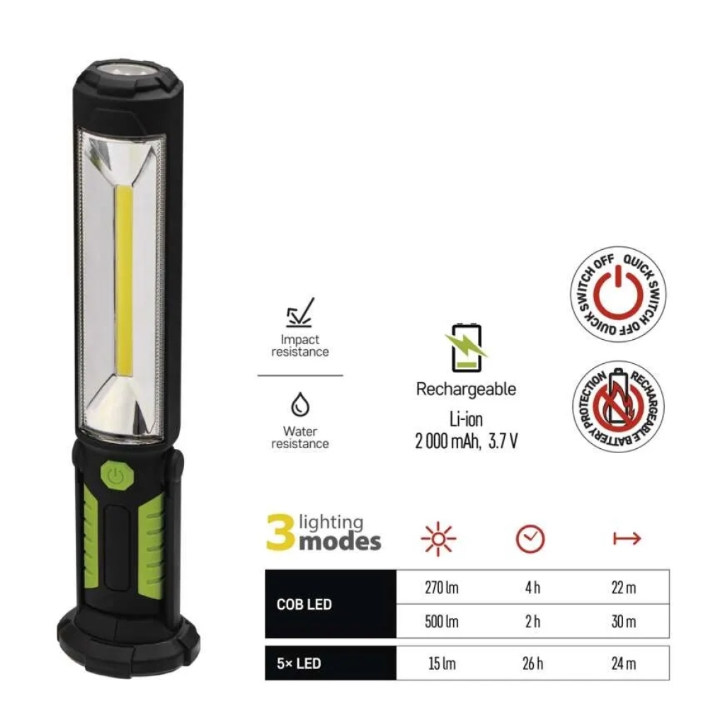 COB LED + LED pracovné svietidlo P4525,500 lm, Li-Ion 2000 mAh