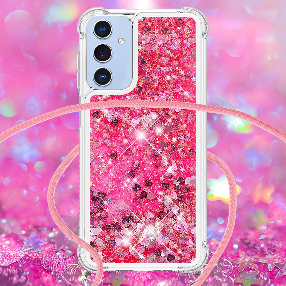 Glitters presýpacie gélový obal so šnúrkou na Samsung Galaxy A17 5G - ružový/srdiečka