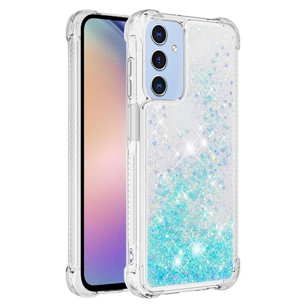 Glitter gélový presýpací obal na Samsung Galaxy A15 4G/5G - modrý/hviezdičky