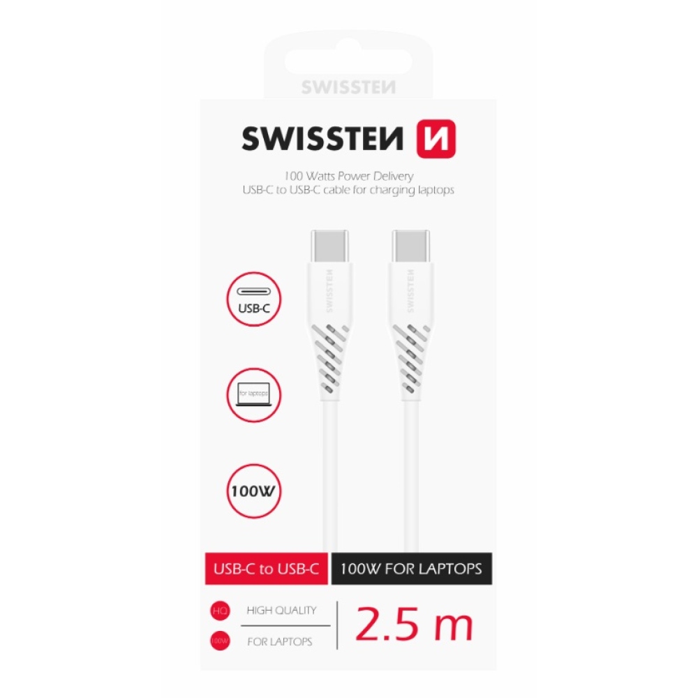 Swissten dátový/nabíjací kábel TPE USB-C/USB-C 5A 100W 2,5m - biely
