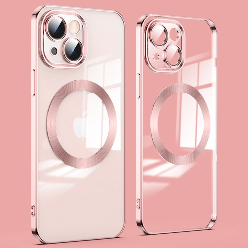 Clear obal s ochranou fotoaparátu a podporou MagSafe na iPhone 14 - ružovozlatý