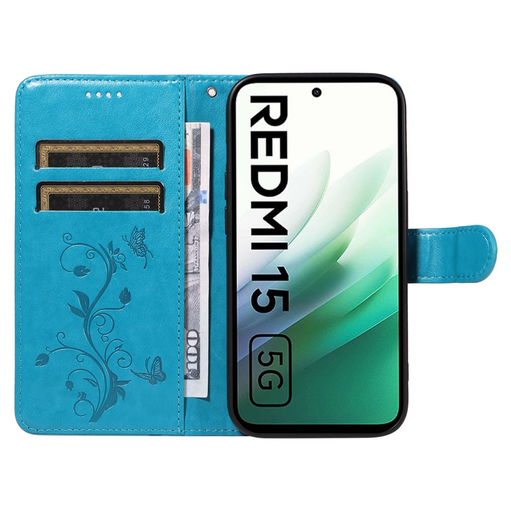 Flowery knižkové púzdro na Xiaomi Redmi 15 4G (171mm) - modré
