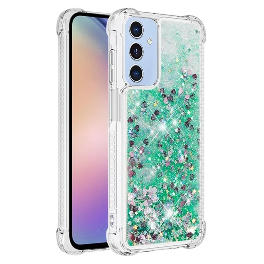 Glitter gélový presýpací obal na Samsung Galaxy A15 4G/5G - zelený/srdiečka