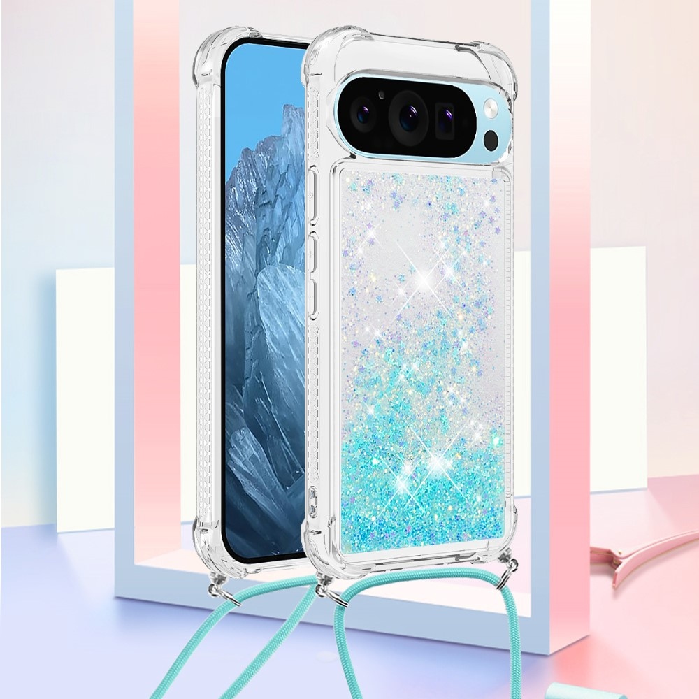 Glitters presýpací gélový obal so šnúrkou na Google Pixel 10 Pro/Pixel 10 - modrý/hviezdičky