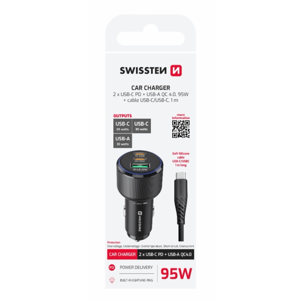 Swissten CL Adaptér 2x USB-C PD + USB-A, 95W - čierny + kábel USB-C/USB-C, 1m