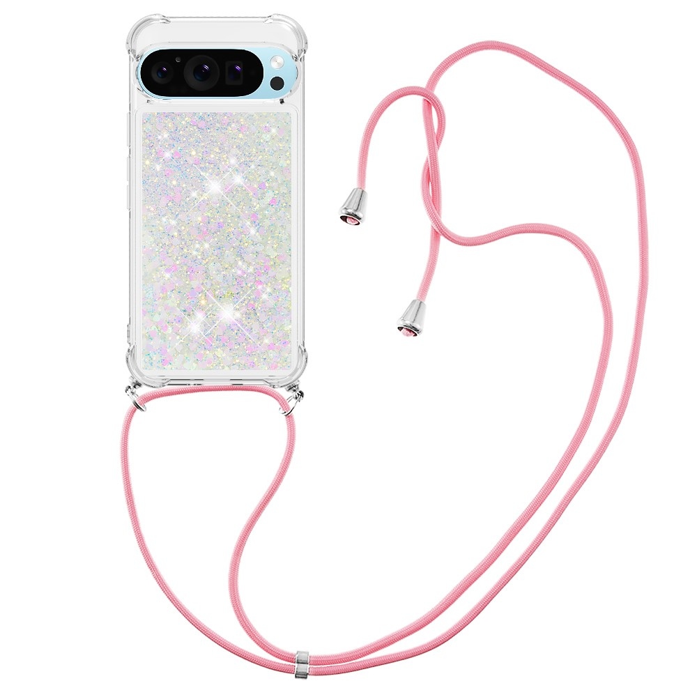 Glitters presýpací gélový obal so šnúrkou na Google Pixel 10 Pro/Pixel 10 - ružovostrieborný/srdiečka
