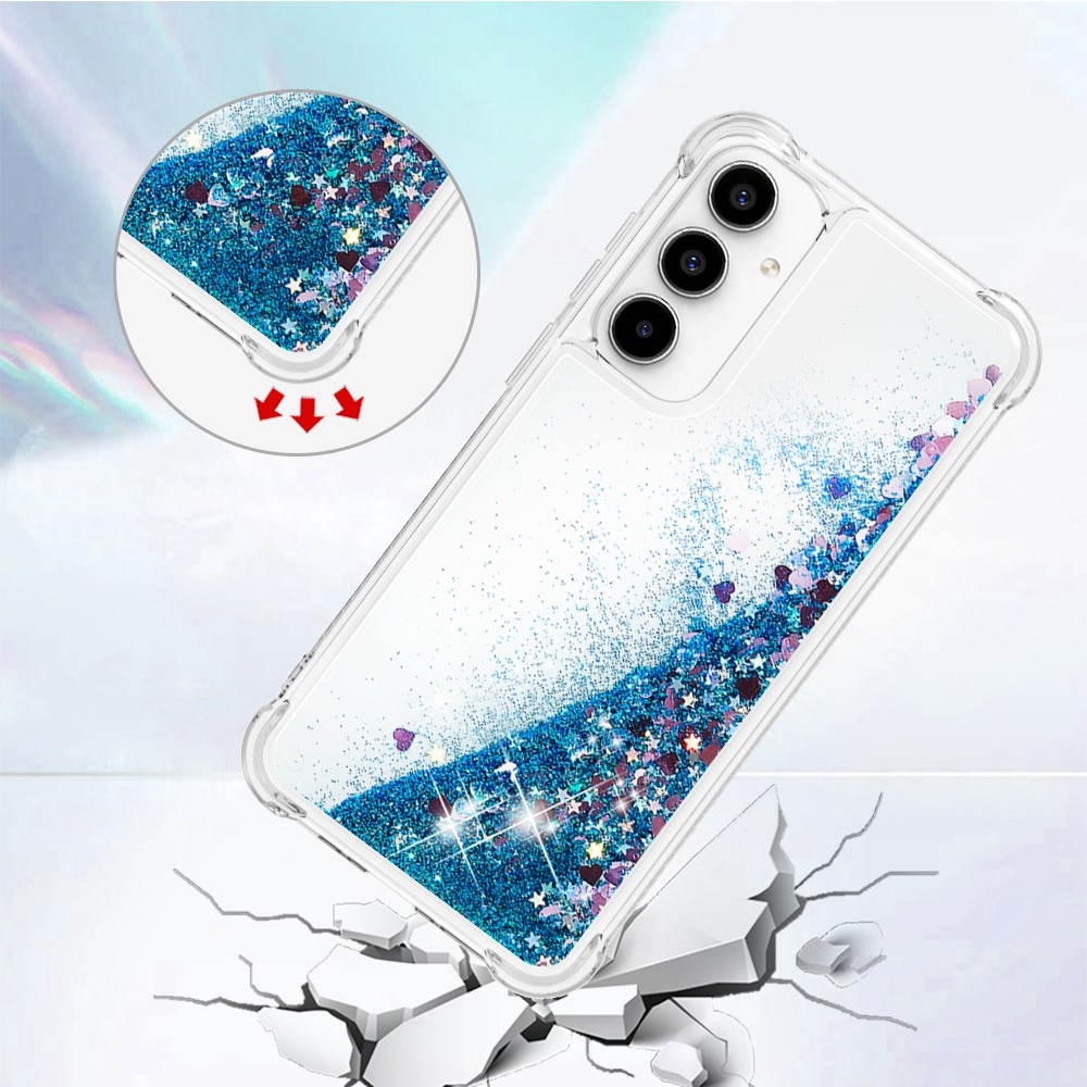 Glitter gélový presýpací obal na Samsung Galaxy A35 5G - modrý/srdiečka