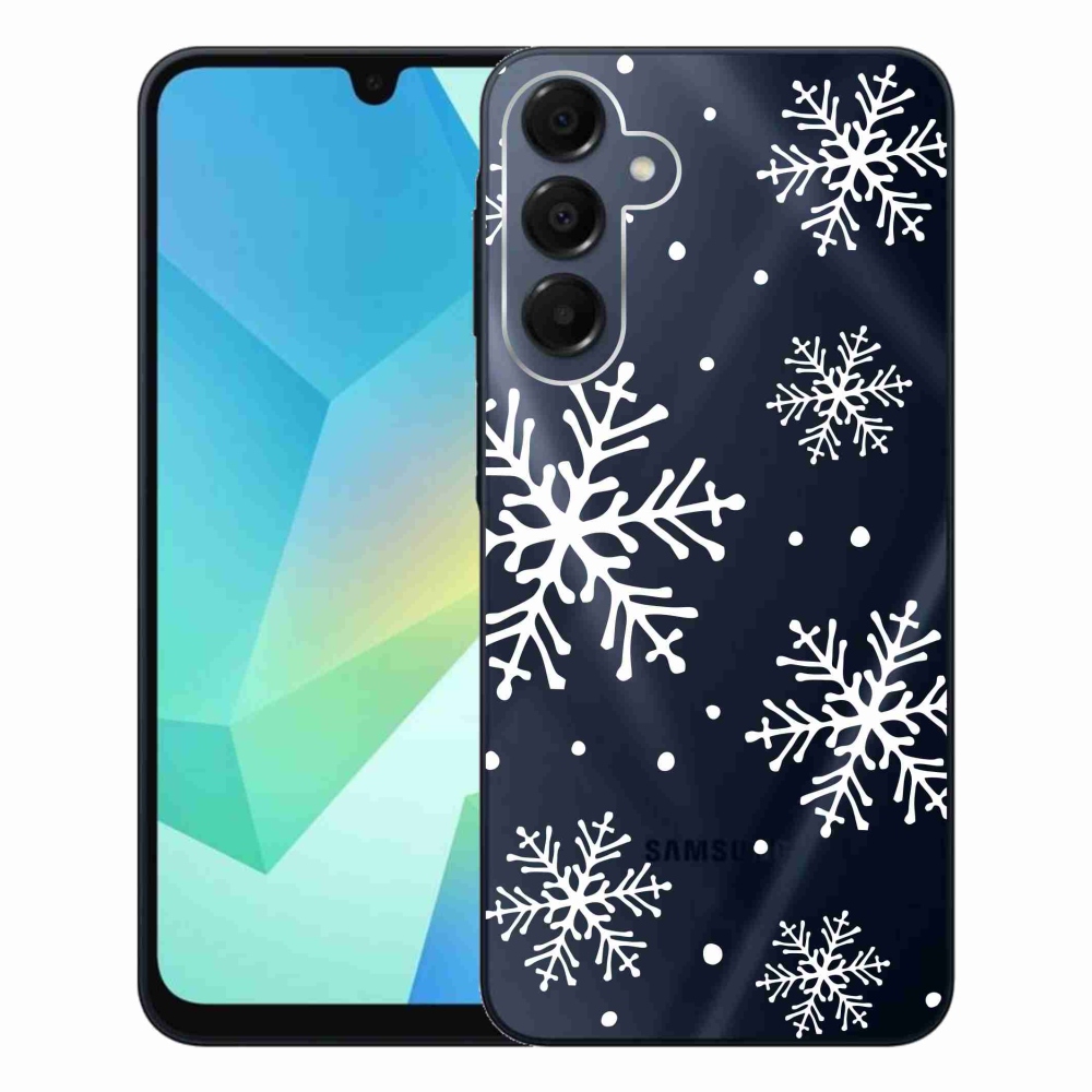 Gélový kryt mmCase na Samsung Galaxy A16 4G/5G - biele vločky na priehľadnom pozadí