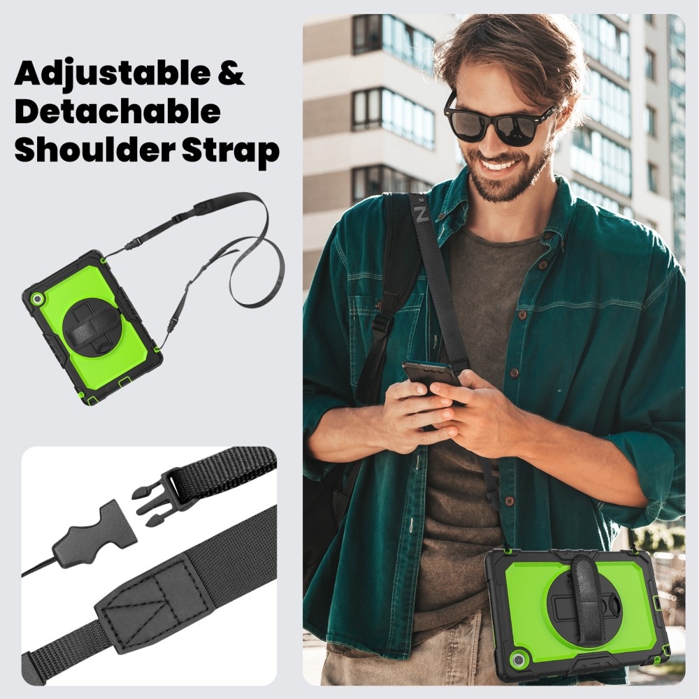 Strap odolný kryt s držiakom na ruku a ramenným popruhom na Lenovo Tab 10.1 (2025) - čierny/zelený