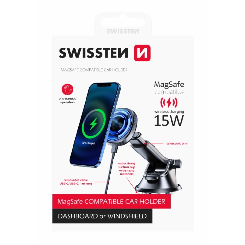 Magnetický držiak Swissten na palubnú dosku s bezdrôtovým dobíjaním 15W as MagSafe