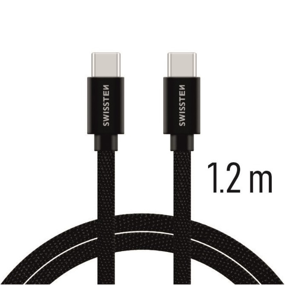 Swissten tkaný kábel USB-C/USB-C pre nabíjanie a synchronizáciu 1,2 m - čierny