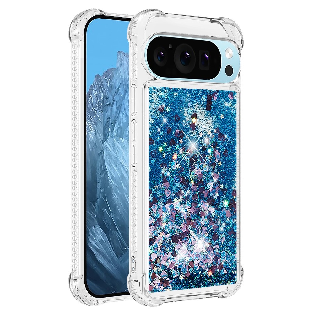 Glitter presýpací gélový obal na Google Pixel 10 Pro/Pixel 10 - modrý/srdiečka