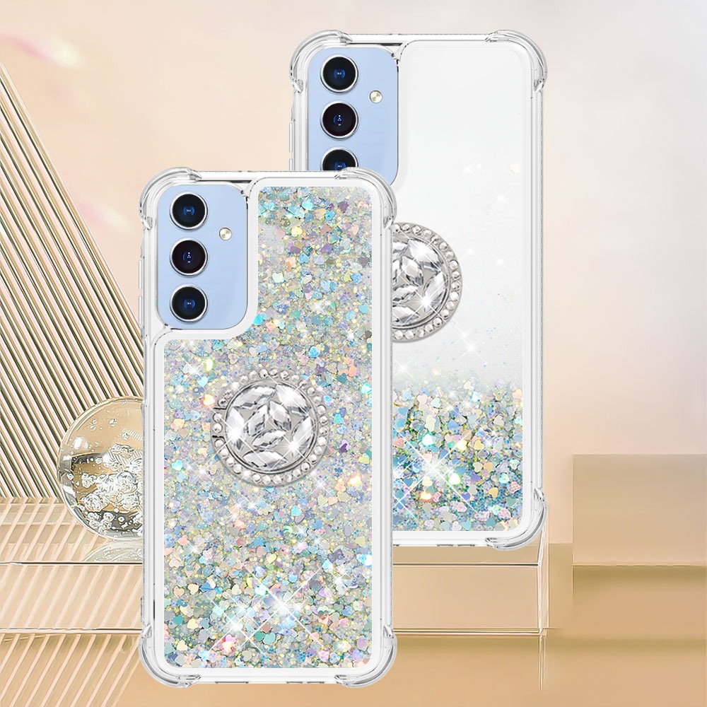 Glitt presýpací gélový obal s krúžkom na prst na Samsung Galaxy A17 5G - strieborný/srdiečka