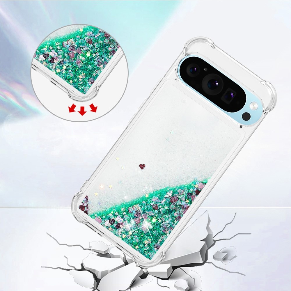 Glitter presýpací gélový obal na Google Pixel 10 Pro/Pixel 10 - zelený/srdiečka