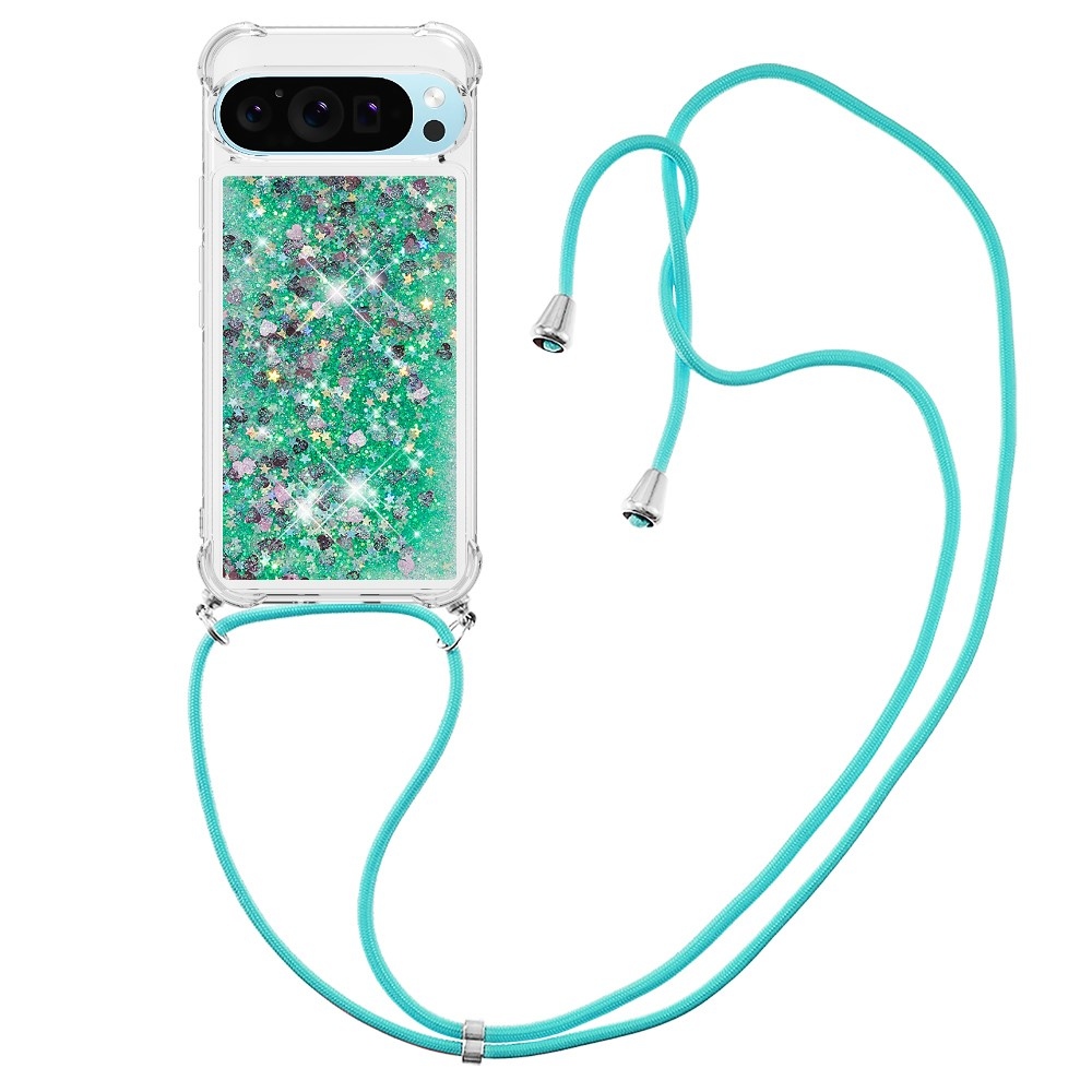 Glitters presýpací gélový obal so šnúrkou na Google Pixel 10 Pro/Pixel 10 - zelený/srdiečka