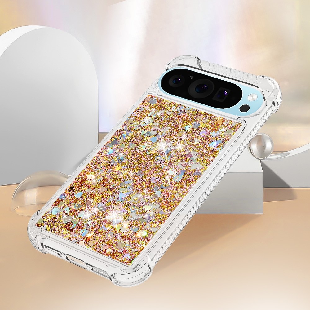 Glitter presýpací gélový obal na Google Pixel 10 Pro/Pixel 10 - zlatý/srdiečka