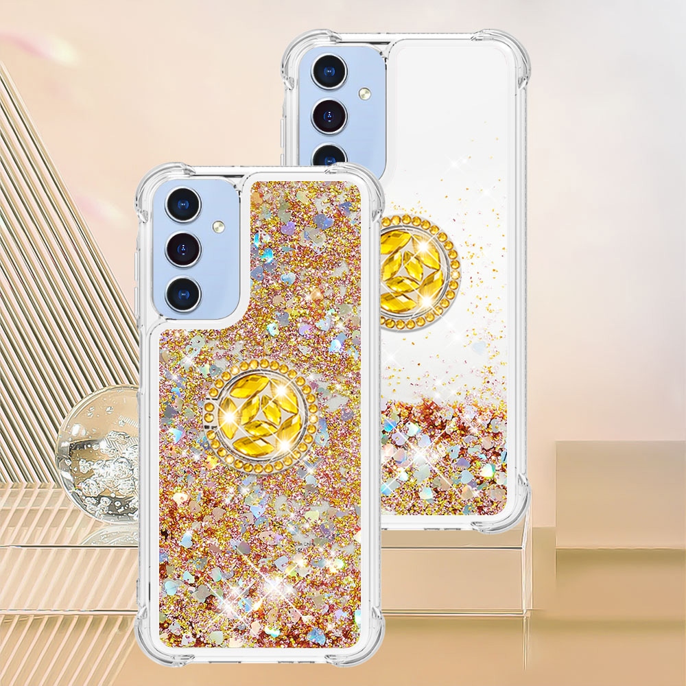 Glitt presýpací gélový obal s krúžkom na prst na Samsung Galaxy A17 5G - zlatý/srdiečka