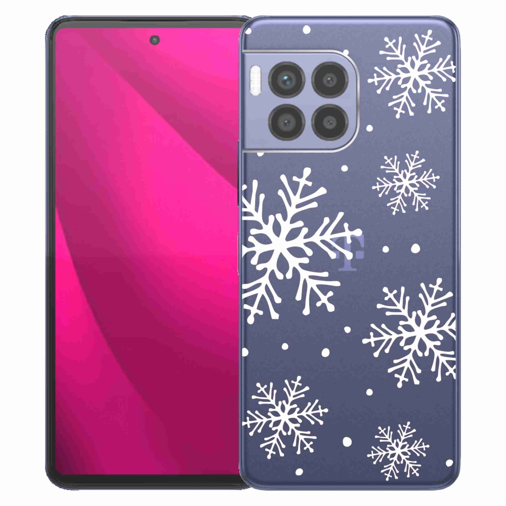 Gélový kryt mmCase na T-Mobile T Phone 2 Pro - biele vločky na priehľadnom pozadí