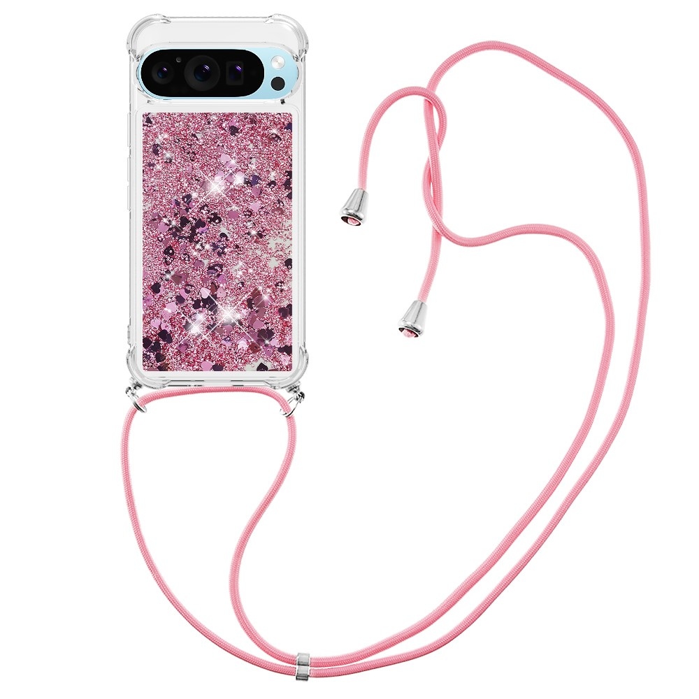 Glitters presýpací gélový obal so šnúrkou na Google Pixel 10 Pro/Pixel 10 - ružovozlatý/srdiečka