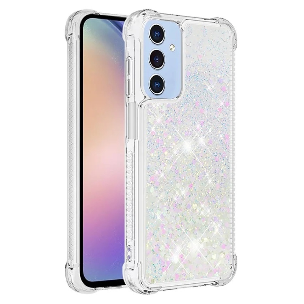 Glitter gélový presýpací obal na Samsung Galaxy A15 4G/5G - ružovo strieborný/srdiečka