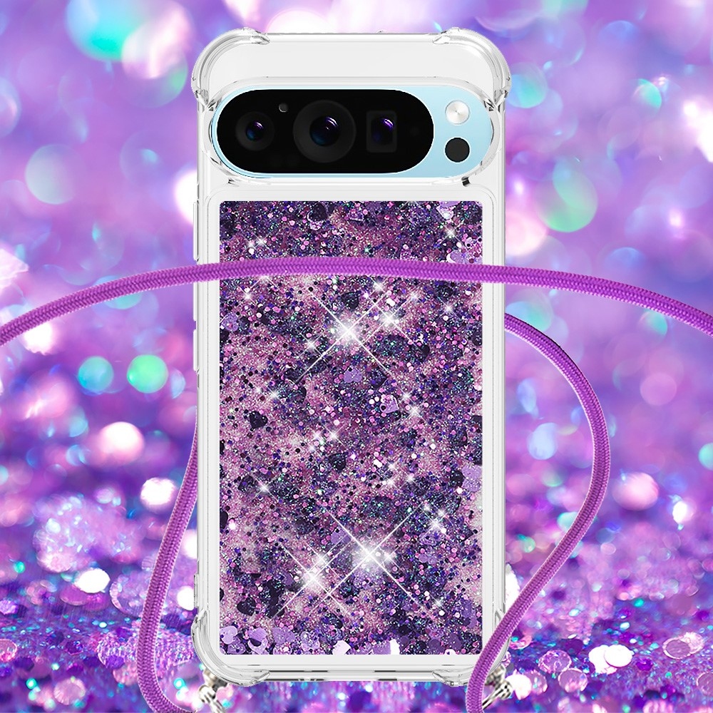 Glitters presýpací gélový obal so šnúrkou na Google Pixel 10 Pro/Pixel 10 - tmavofialový/srdiečka