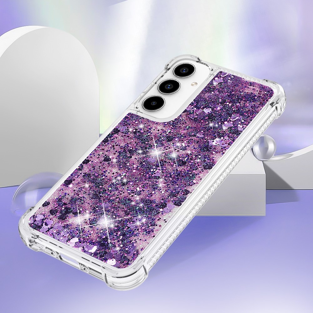 Glitter gélový presýpací obal na Samsung Galaxy A35 5G - tmavofialový/srdiečka