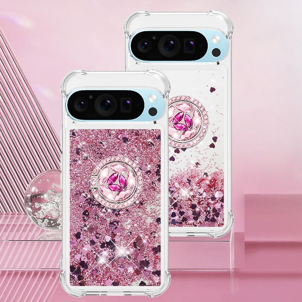 Glitt presýpací gélový obal s krúžkom na prst na Google Pixel 10 - ružovozlatý/srdiečka