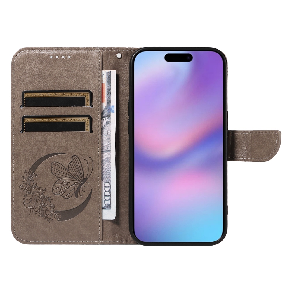 Floral Butterfly knižkové púzdro na iPhone 17 - šedé