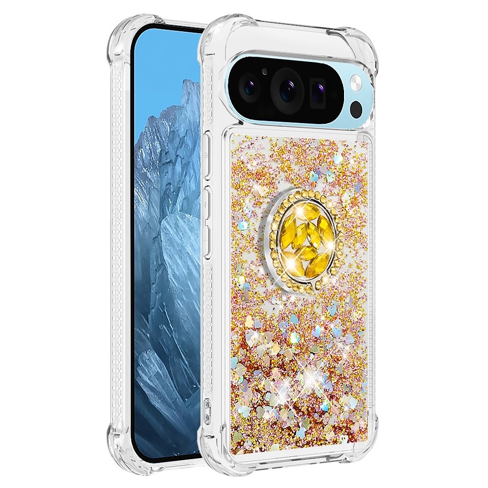 Glitt presýpací gélový obal s krúžkom na prst na Google Pixel 10 - zlatý/srdiečka