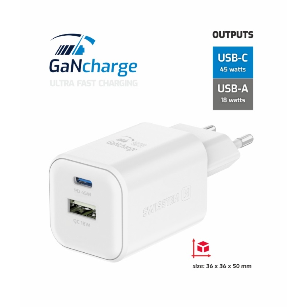Nabíjačka Swissten GaN 1x USB-C 45W PD + 1x USB-A 18W QC - biela