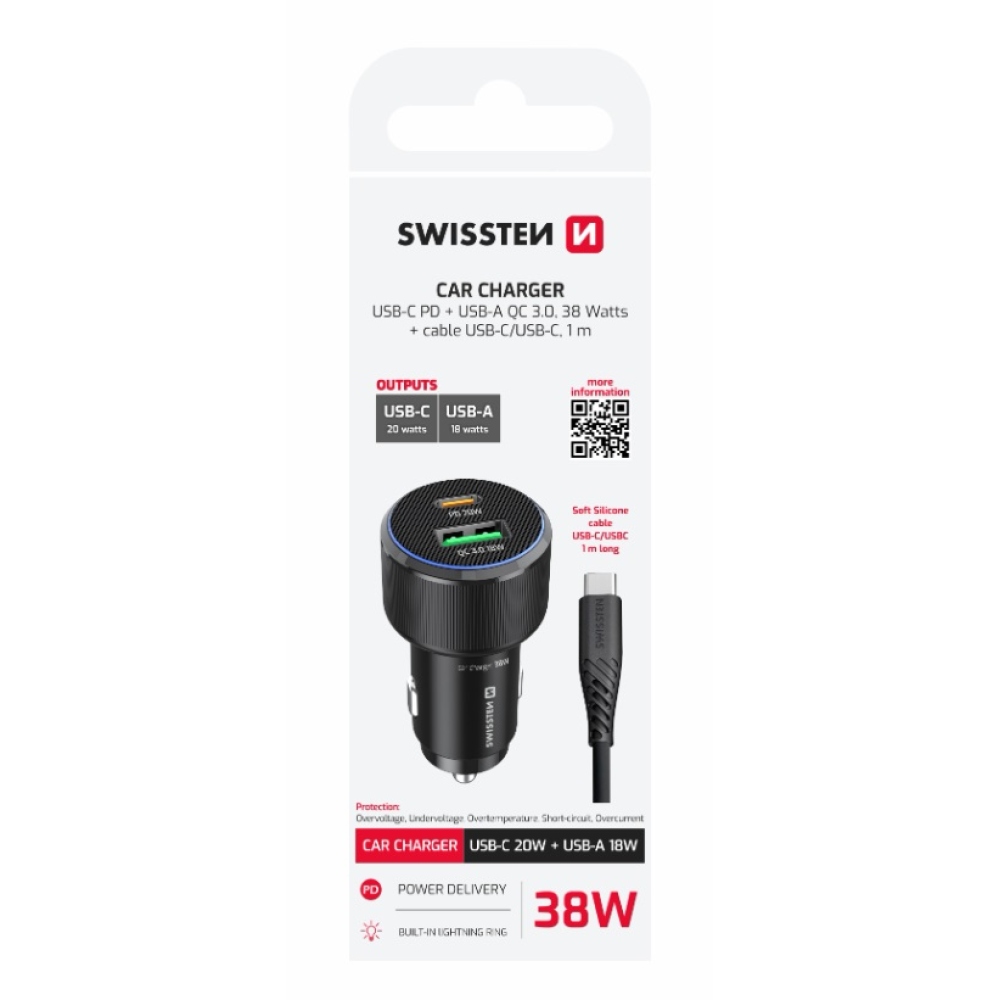 Swissten CL adaptér USB-C PD + USB-A, 38W - čierny + kábel USB-C / USB-C, 1m