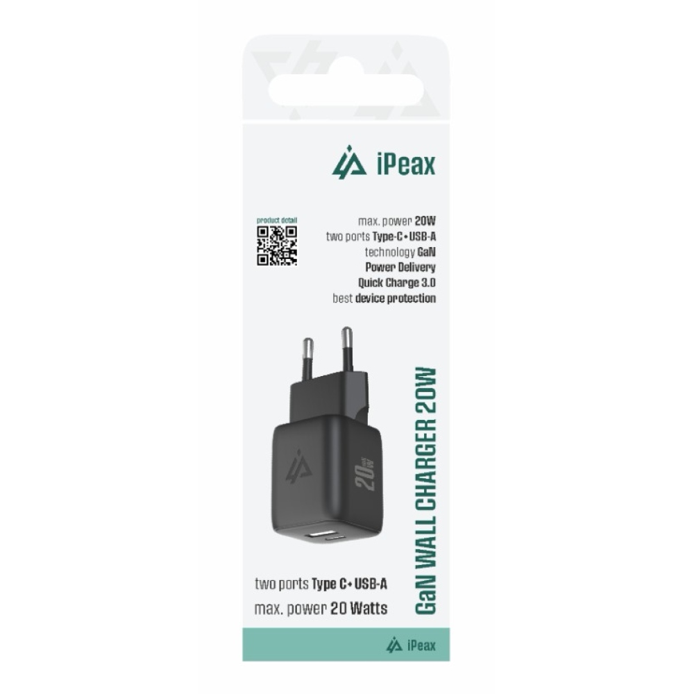 iPEAX GaN Sieťová nabíjačka 20 W 1x USB-C a 1x USB-A - čierna