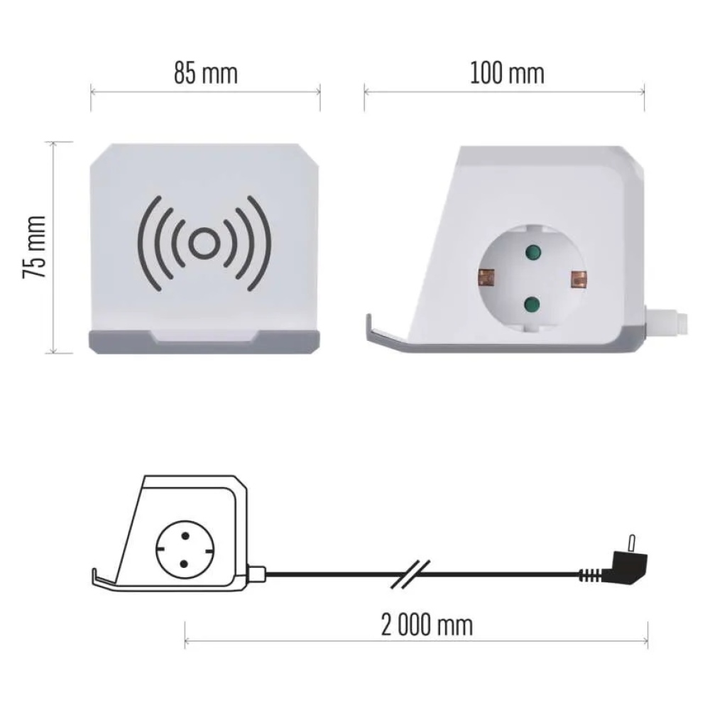 Predlžovací kábel - kocka 2 m / 2 zásuvky / biely / 2×USB-A+1×USB-C+Qi / 1,5 mm2