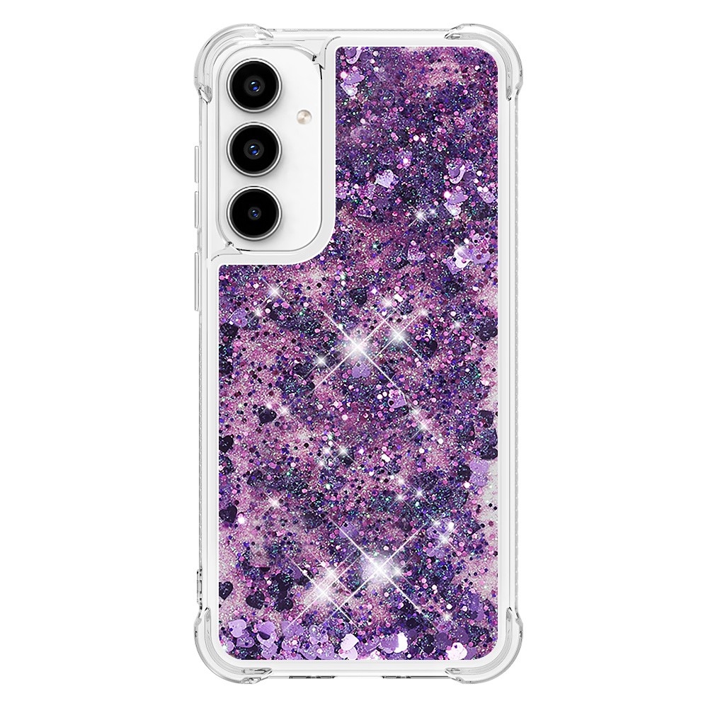 Glitter gélový presýpací obal na Samsung Galaxy A35 5G - tmavofialový/srdiečka