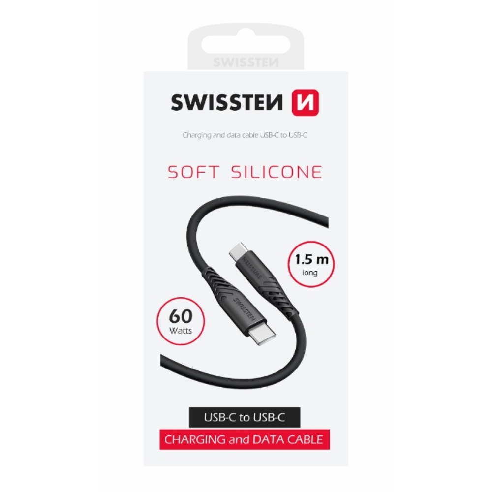 Swissten silikónový kábel USB-C/USB-C pre nabíjanie a synchronizáciu 1,5 m 60W - čierny
