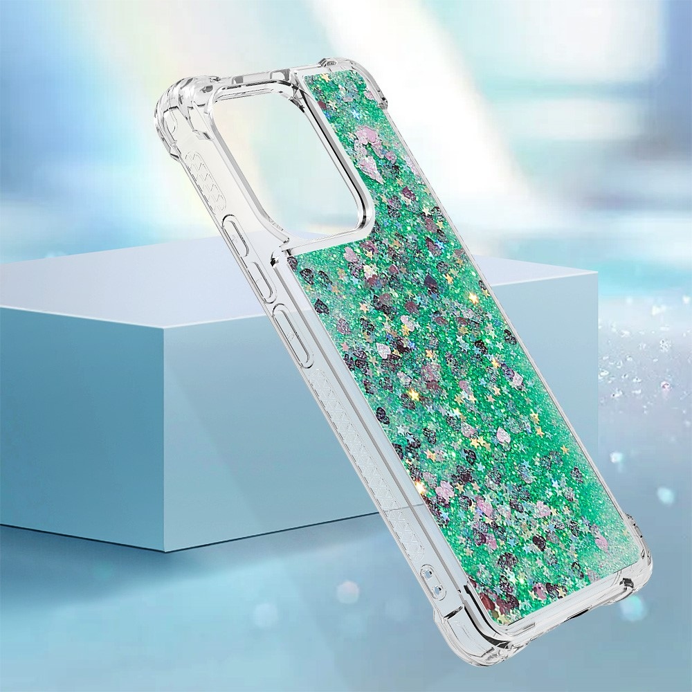 Glitter gélový presýpací obal na Xiaomi Redmi Note 13 - zelený/srdiečka