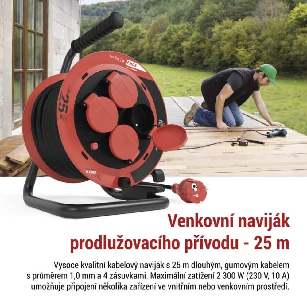 Vonkajší predlžovací kábel na bubne 25 m / 4 zásuvky / guma / 230 V / 1,0 mm2 / IP44
