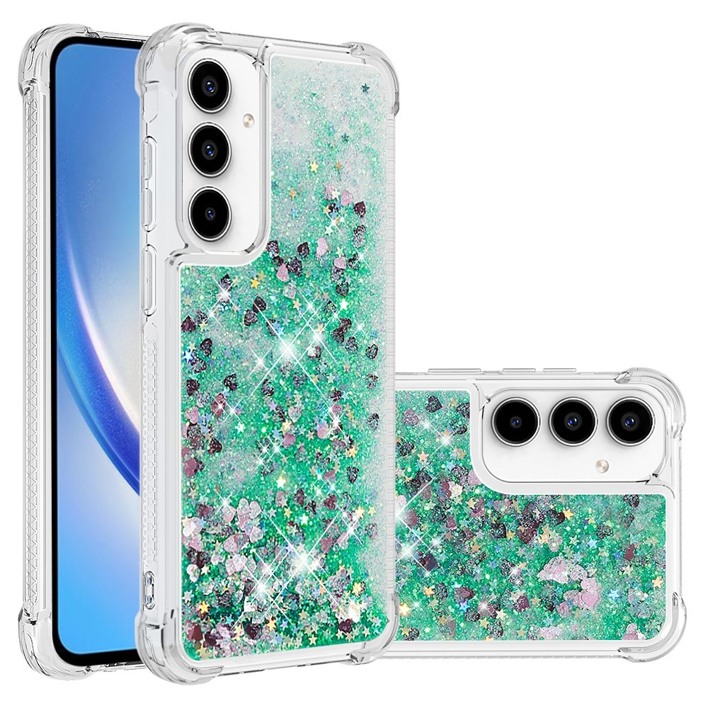 Glitter gélový presýpací obal na Samsung Galaxy A35 5G - zelený/srdiečka