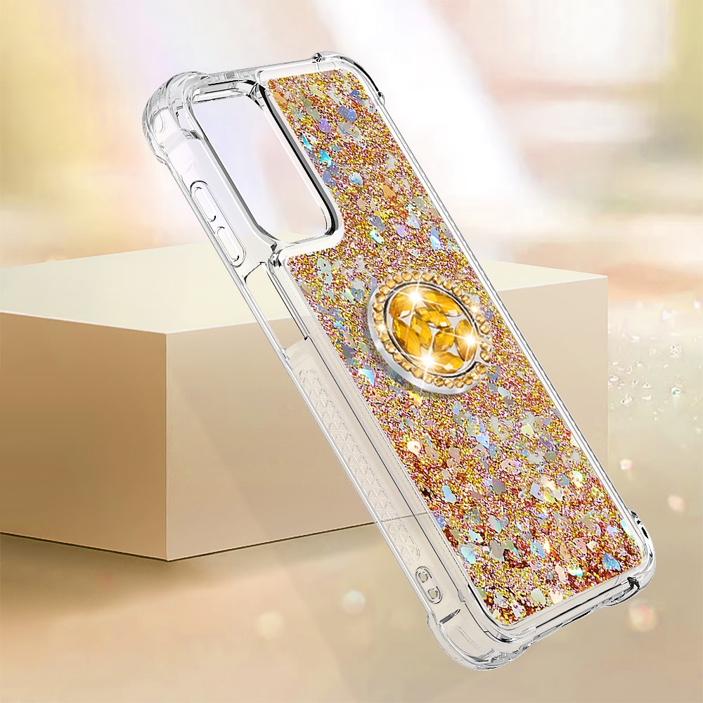 Glitt presýpací gélový obal s krúžkom na prst na Samsung Galaxy A17 5G - zlatý/srdiečka